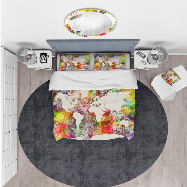World Map in Great Colors Watercolor Map Duvet Cover Set, Twin + 1 Sham ...