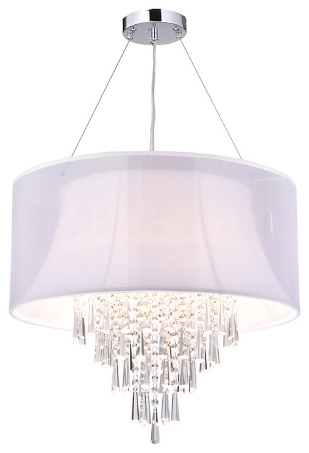 4 Light Double White Fabric Drum Shade, Modern Glam Shaded Crystal Chandeliers