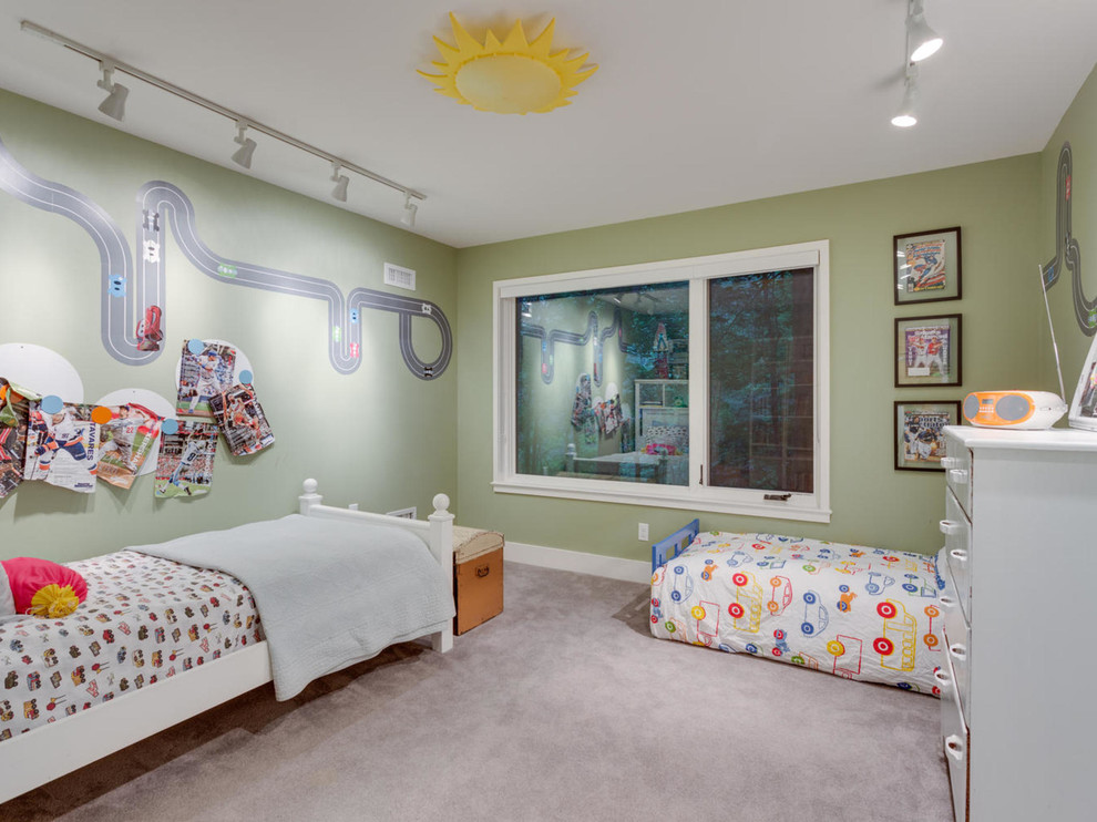 Contemporary kids' bedroom in DC Metro with green walls and carpet for kids 4-10 years old and boys.