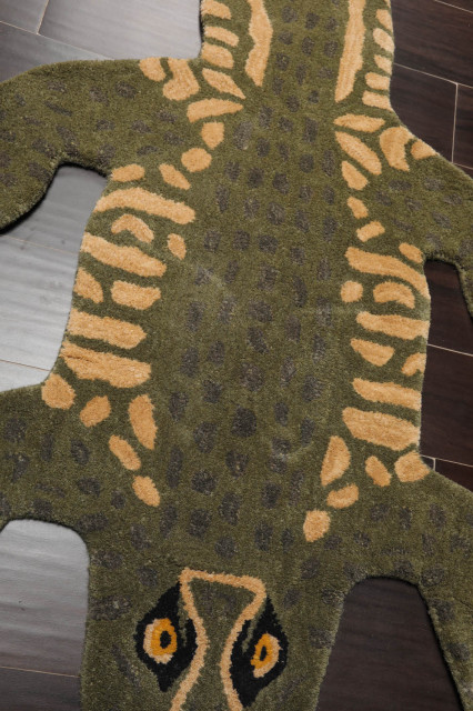 3'x5' Hand Tufted Wool Crocodile Oriental Area Rug, Green, Gold Color