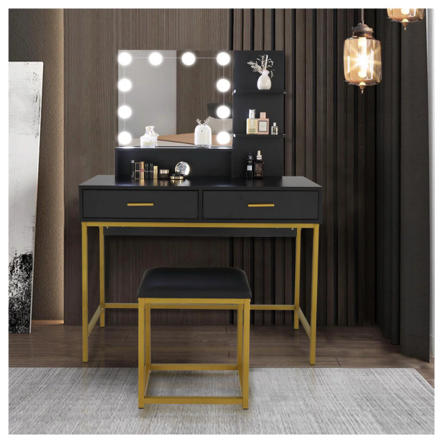 Contemporary Vanity Set, Mirror With LED Lights & Open Shelves, Black