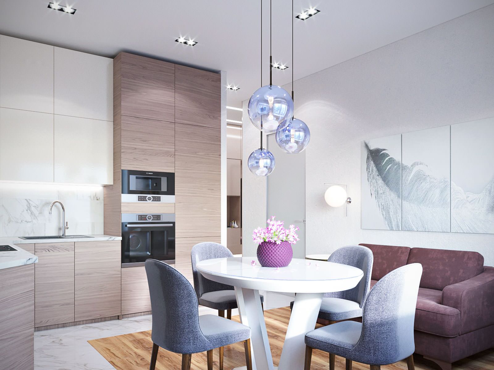 Единая зона кухни, столовой и гостиной.