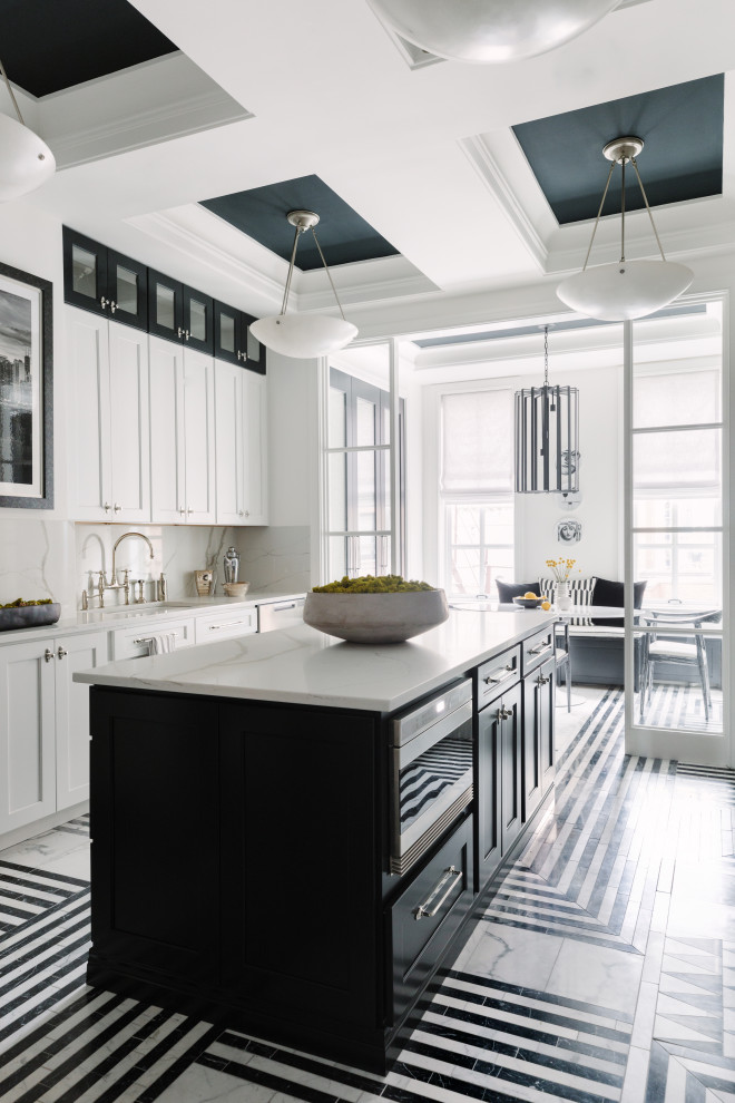 Contemporary galley kitchen in Chicago with an undermount sink, shaker cabinets, white cabinets, white splashback, stainless steel appliances, with island, multi-coloured floor, white benchtop and coffered.