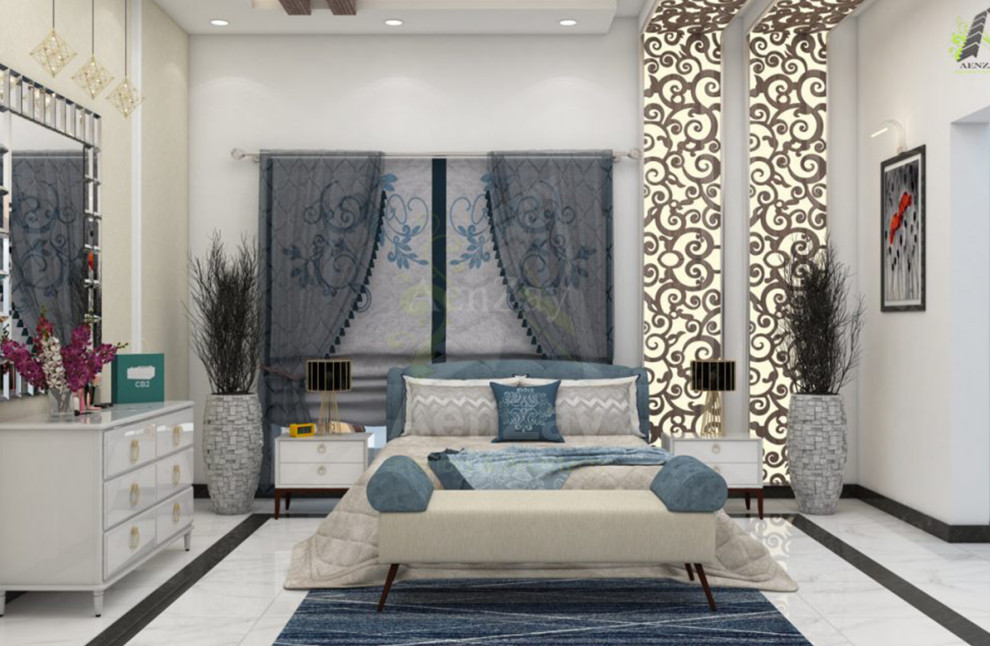 Large modern guest bedroom in Other with multi-coloured walls, marble floors and coffered.