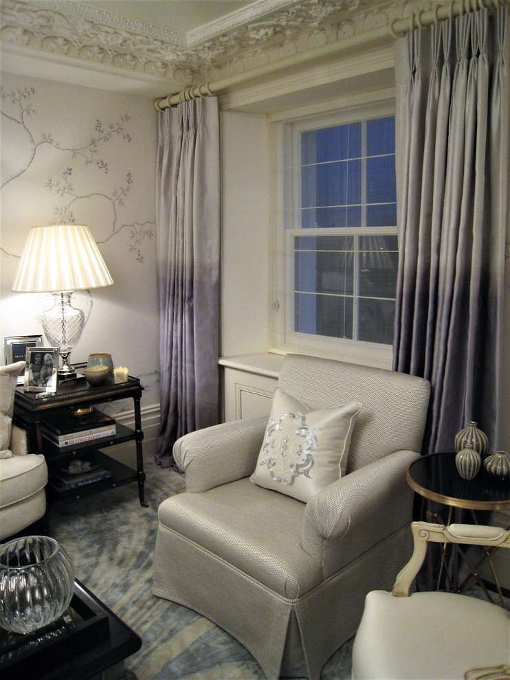 Design ideas for a large transitional enclosed living room in London with grey walls.