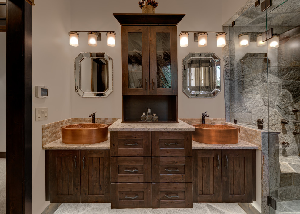 Country bathroom in Other with shaker cabinets, dark wood cabinets, an alcove shower, gray tile, stone tile, grey walls, a vessel sink, grey floor, grey benchtops, a double vanity and a built-in vanity.