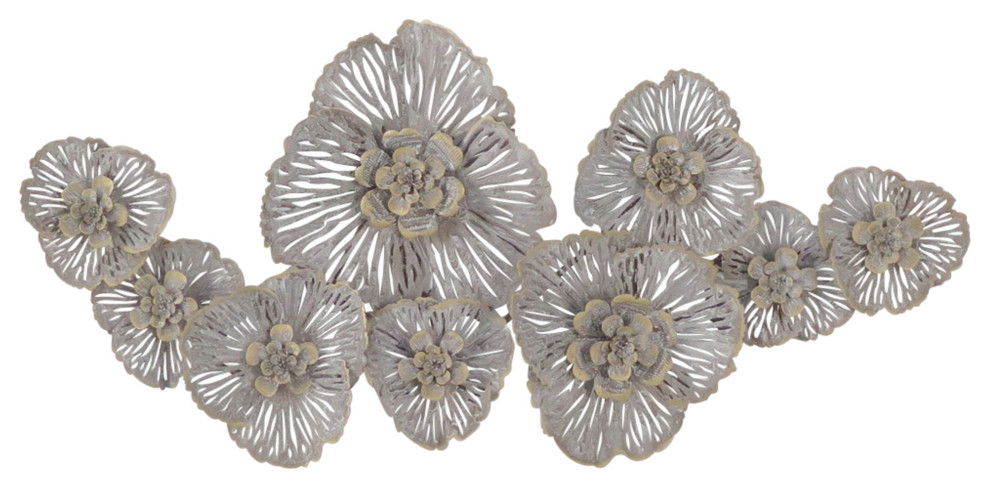 Large Light Gray Metal Flower Wall Decor With Gold Accents ...