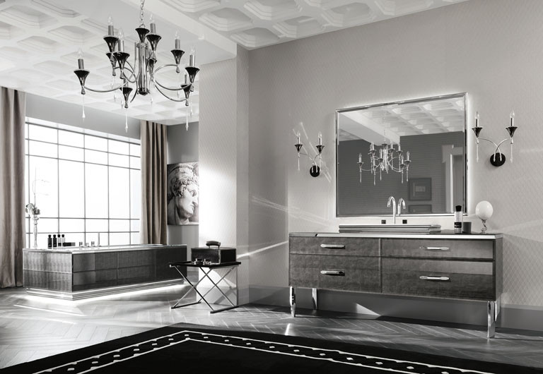 This is an example of a large transitional bathroom with a freestanding vanity, a freestanding tub and a single vanity.