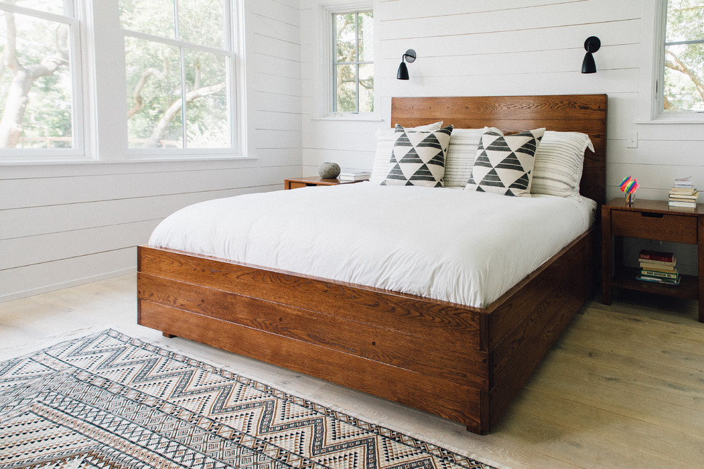 Design ideas for a scandinavian bedroom in Charleston with white walls and light hardwood floors.