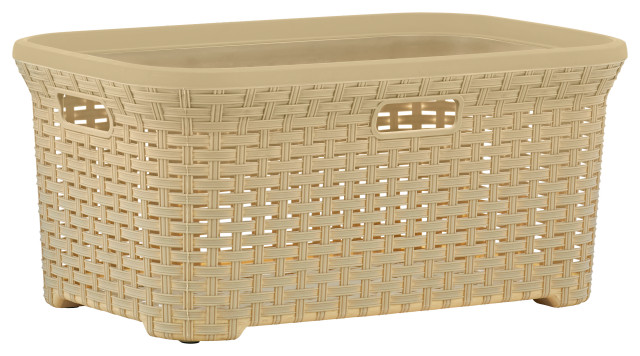 Laundry Hamper, 50-liter Wicker Style Basket with Cutout Handles, Beige Color.