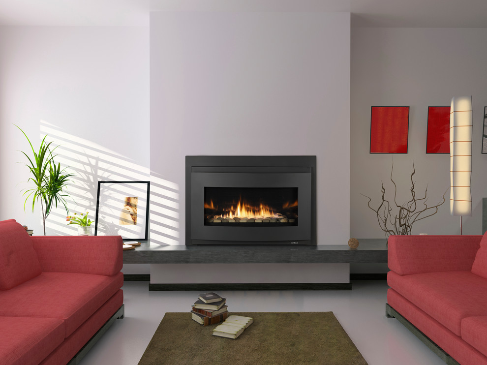 Mid-sized contemporary formal open concept living room in Cincinnati with white walls, a ribbon fireplace, a metal fireplace surround, grey floor and concrete floors.