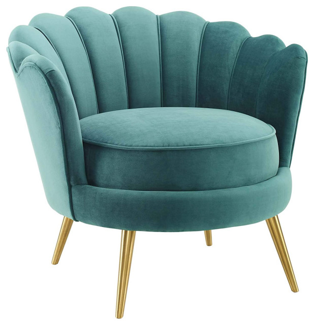 Accent Chair, Velvet Upholstery With Scallop Edges and Gold Finished