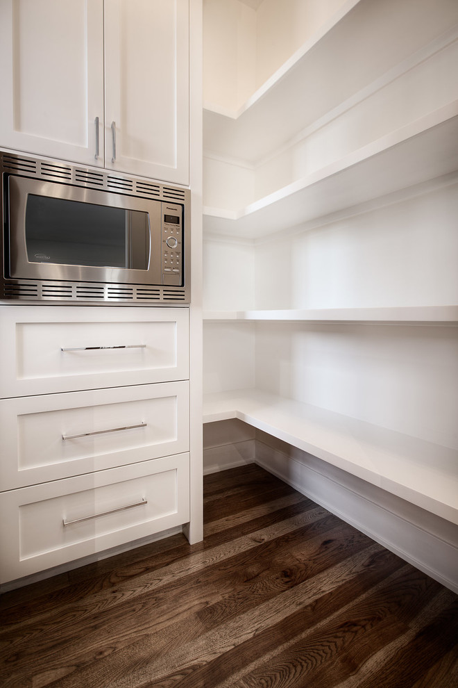 Eat-in kitchen - large transitional u-shaped eat-in kitchen idea in Calgary with shaker cabinets, paneled appliances and an island