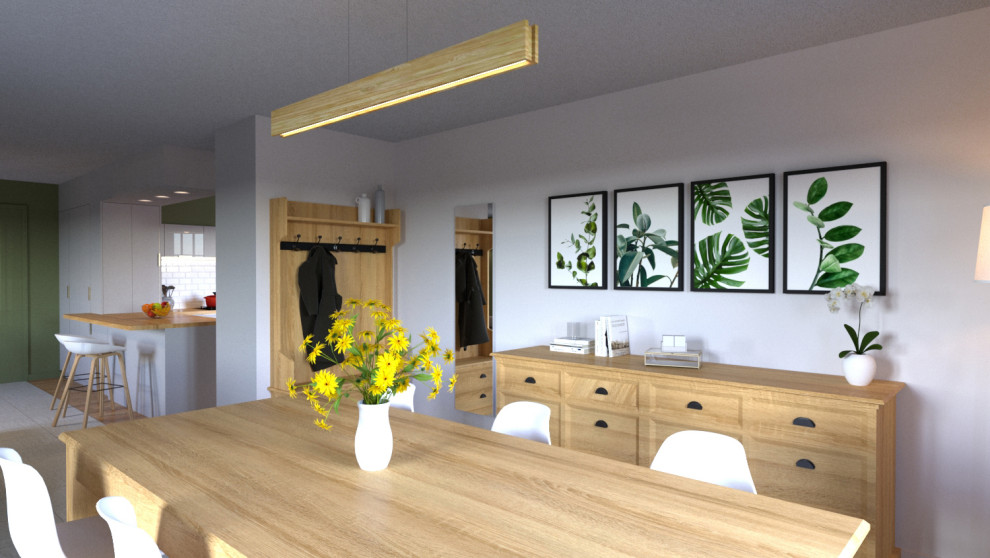 Inspiration pour une salle de séjour traditionnelle de taille moyenne et ouverte avec un mur vert, un poêle à bois, un manteau de cheminée en pierre de parement et un téléviseur fixé au mur.