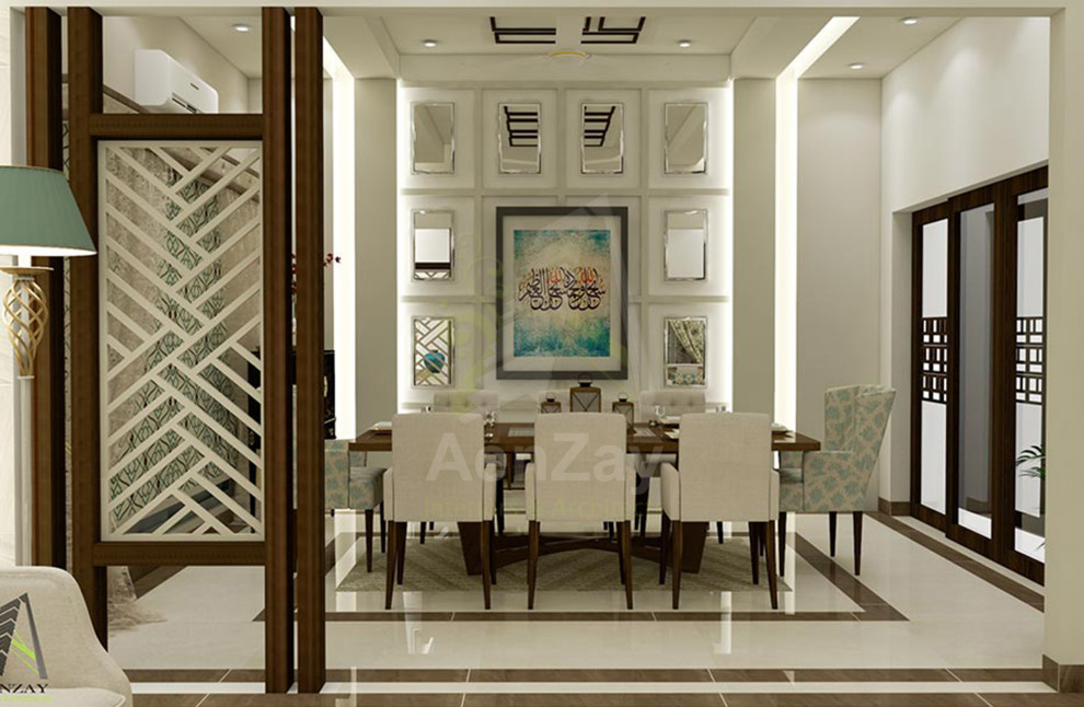 Réalisation d'une grande salle à manger ouverte sur le salon minimaliste avec un mur blanc, un sol en marbre, un sol multicolore et un plafond à caissons.