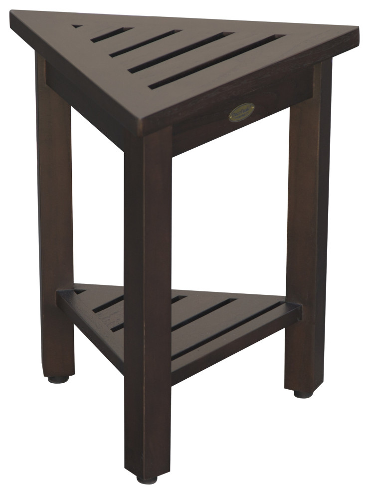 18" Teak Corner Shower Stool Or Bench With Shelf In Brown Finish