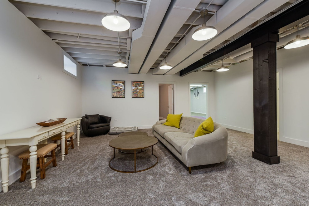 Mid-sized transitional underground carpeted and beige floor basement photo in Chicago with white walls