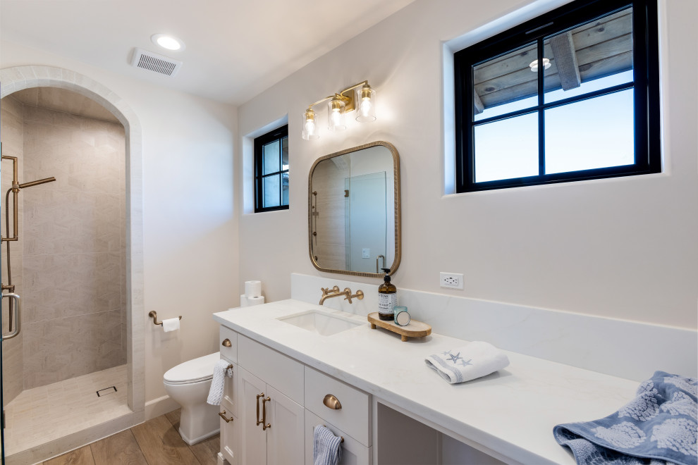 Secondary Bath with Vanity, Shower and Black-Framed Window | Tuscan Farmhouse