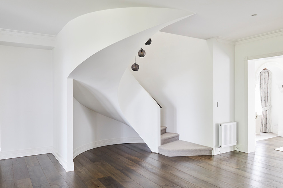 Photo of a large modern carpeted curved staircase in Melbourne with carpet risers and wood railing.