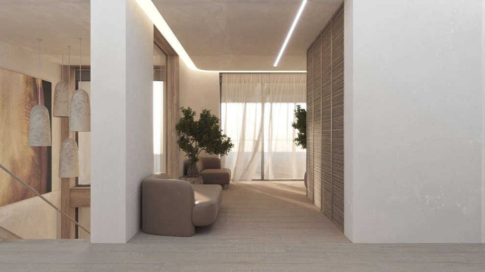 Ejemplo de recibidores y pasillos minimalistas de tamaño medio con paredes beige, suelo de madera oscura y suelo beige