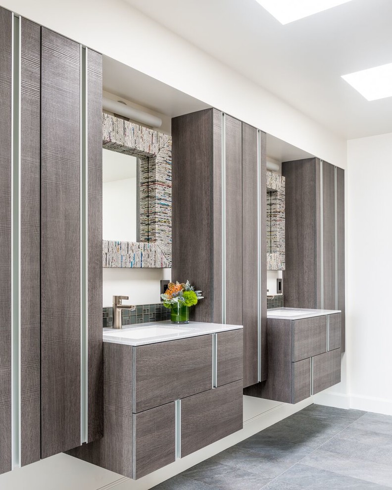 Contemporary master bathroom in San Francisco with flat-panel cabinets, white walls and an undermount sink.