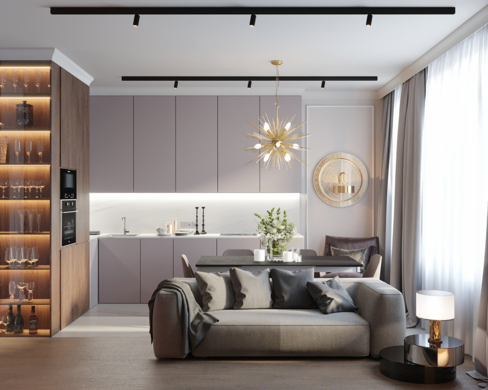 Стильный дизайн: гостиная комната:: освещение в современном стиле с серыми стенами, зоной отдыха и разноцветным полом - последний тренд