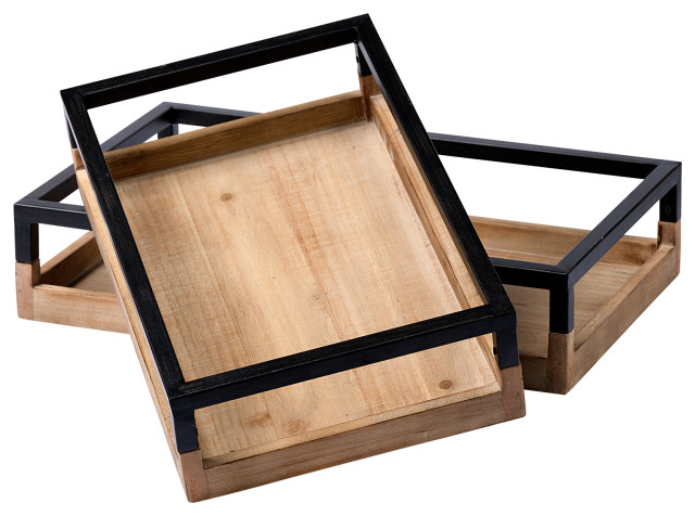 Nested Tray Fixture Ross (Set of 2) Natural Wood W/ Black Metal Nesting Trays ...