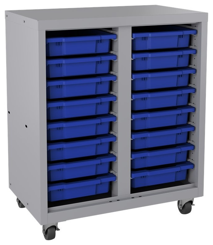 Mobile Metal Bin Storage with 16 plastic tote bins Silver/Blue