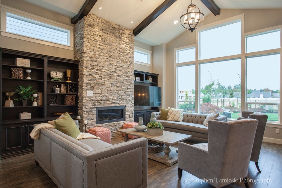 Large contemporary formal open concept living room in Portland with beige walls, dark hardwood floors, a standard fireplace, a stone fireplace surround and no tv.