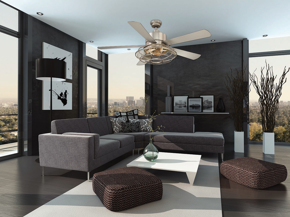 Living room - mid-sized modern formal and open concept laminate floor living room idea in San Francisco with black walls, no fireplace and no tv