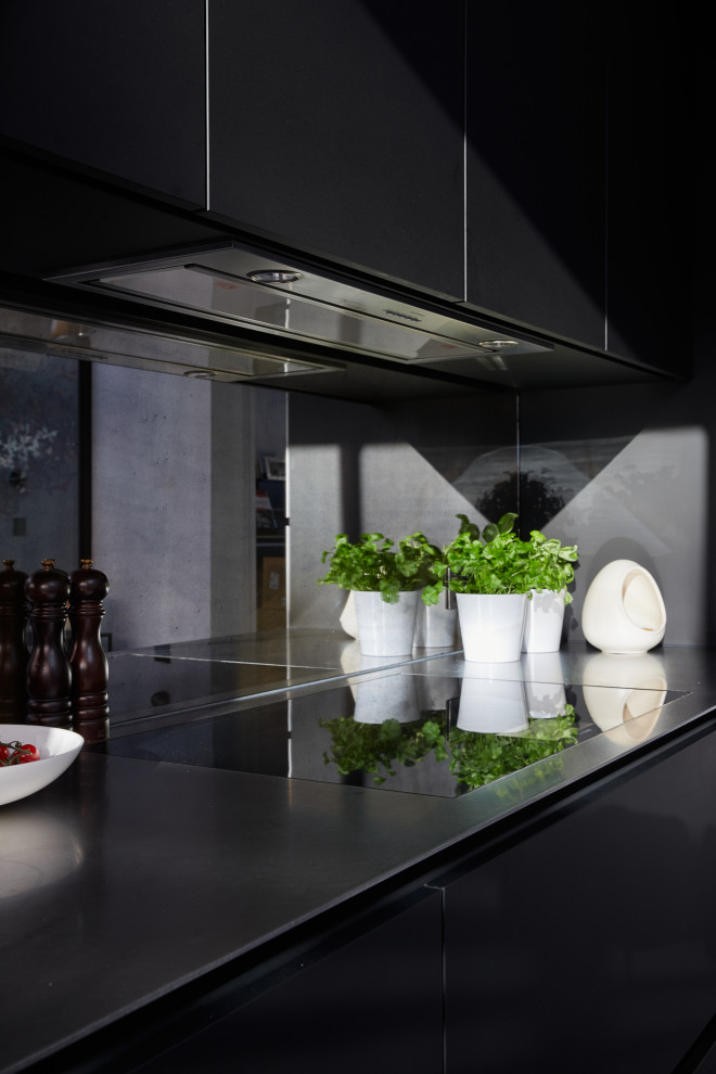 Ejemplo de cocina comedor lineal minimalista pequeña con armarios con paneles lisos, puertas de armario negras, encimera de acero inoxidable y una isla