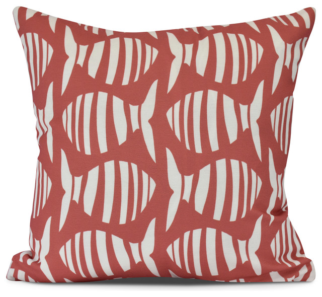 Wavy Fish, Animal Print Outdoor Pillow,Orange Beach Style Outdoor