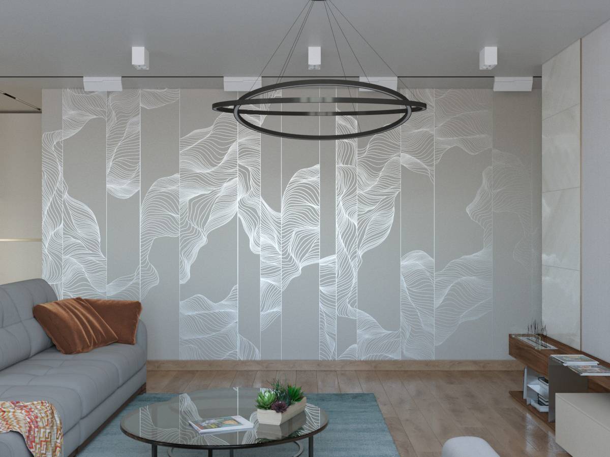 Вид на стену с расписными обоями в гостиной