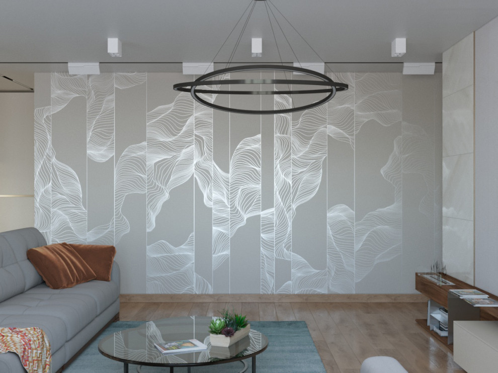 Вид на стену с расписными обоями в гостиной