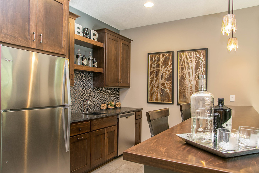 Transitional walk-out ceramic tile basement photo in Minneapolis with gray walls and no fireplace