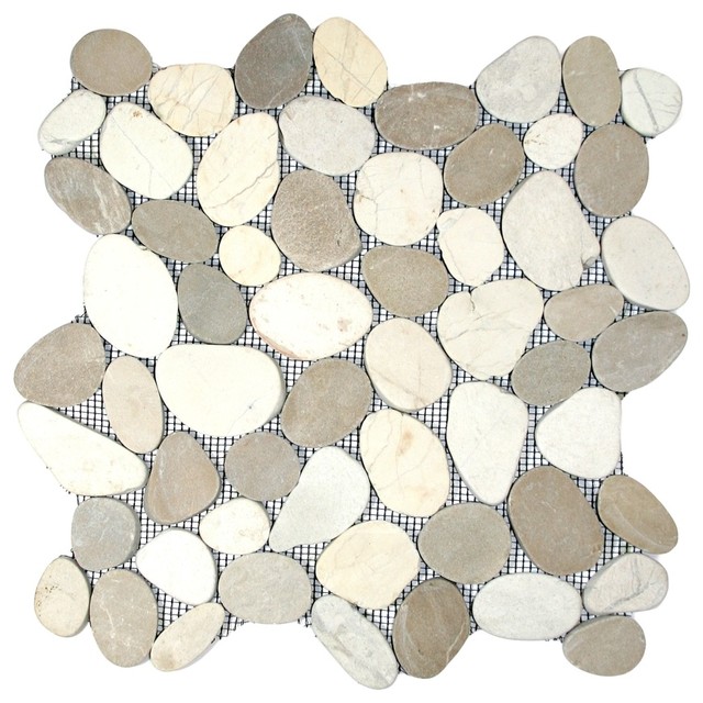 Sliced Java Tan and White Pebble Tile, 12"x12" Contemporary Mosaic