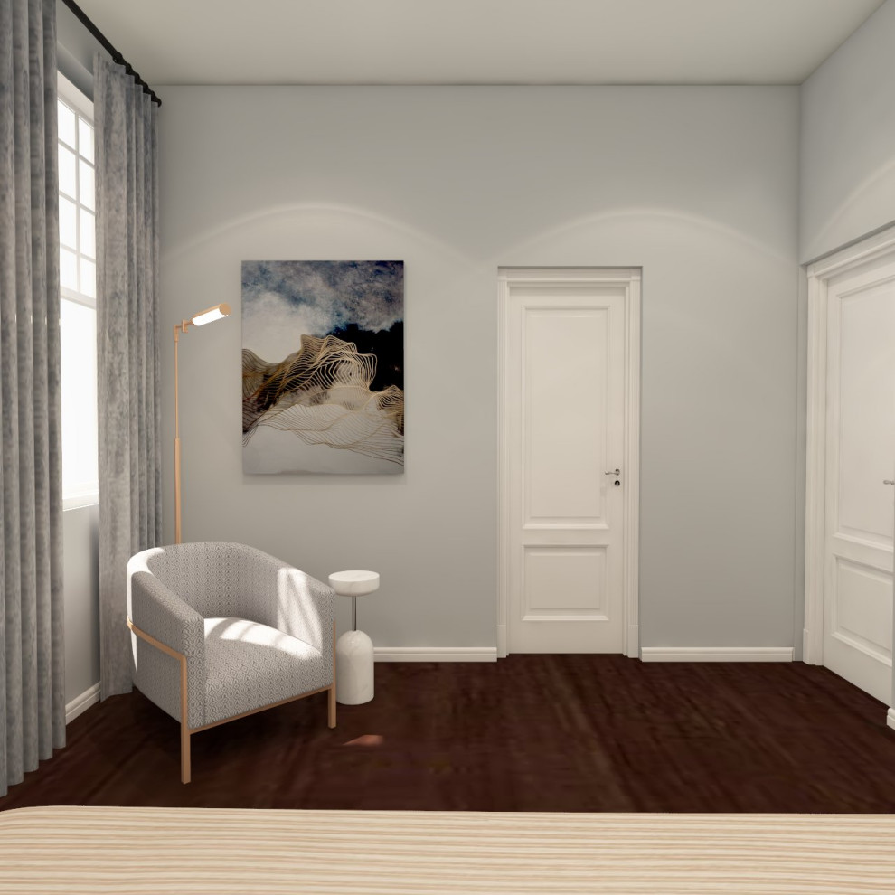 Идея дизайна: гостевая спальня среднего размера, (комната для гостей) в современном стиле с серыми стенами, темным паркетным полом и коричневым полом