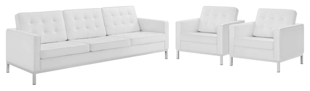 Loft 3 Piece Tufted Upholstered Faux Leather Set Silver White