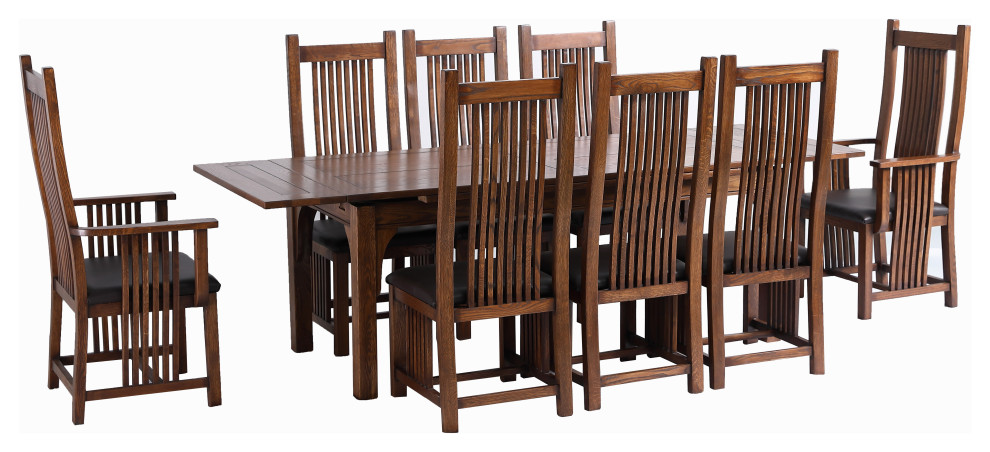 Mission Oak Dining Table With 2 Leaves, 8 High Back Chairs, 9-Piece Set