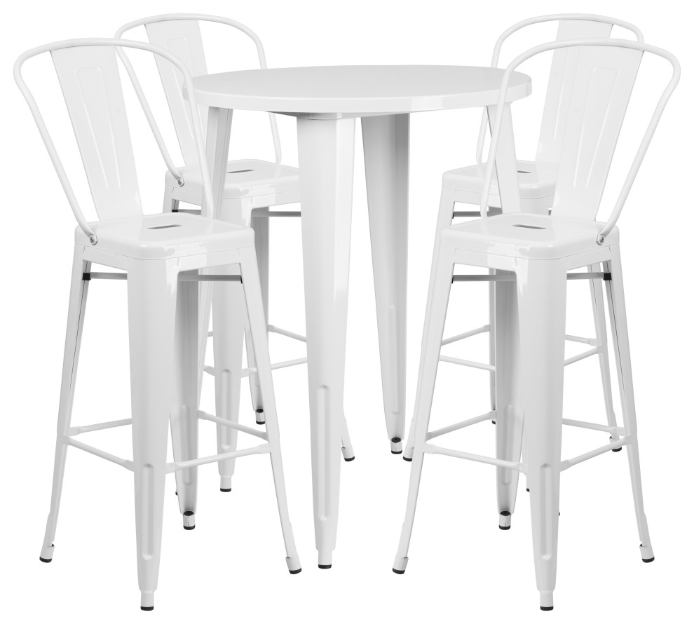 30" Round White Metal IndoorOutdoor Bar Table Set with 4 Cafe Stools