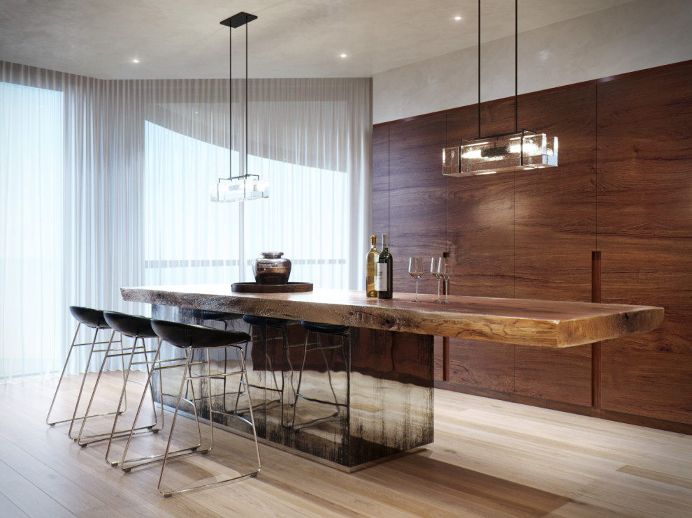 Modern inredning av ett mellanstort brun linjärt brunt kök och matrum, med en dubbel diskho, luckor med upphöjd panel, skåp i mörkt trä, träbänkskiva, beige stänkskydd, stänkskydd i cementkakel, rostfria vitvaror, bambugolv, en köksö och brunt golv