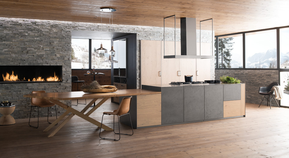 Design ideas for a large contemporary galley kitchen in Lille with with island.