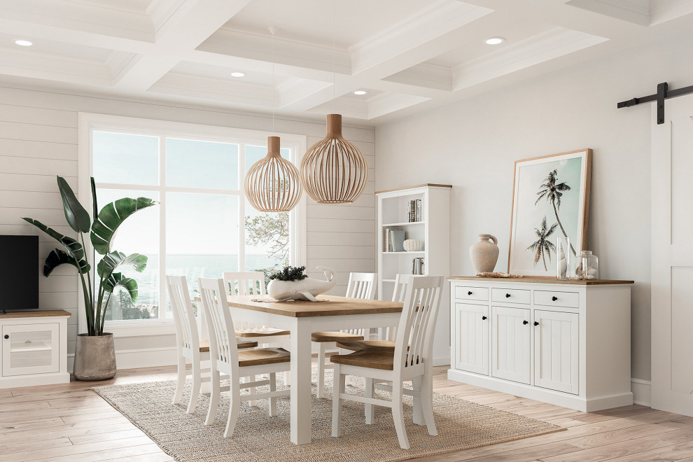 Cette image montre une salle à manger ouverte sur le salon marine de taille moyenne avec un mur blanc, parquet clair, aucune cheminée, un sol beige, un plafond à caissons et du lambris de bois.
