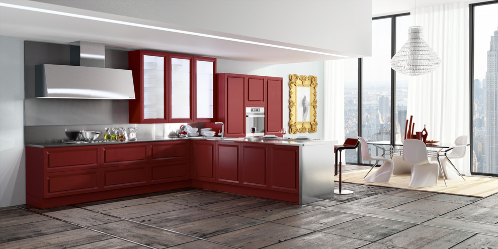 Inspiration for a mid-sized contemporary single-wall kitchen pantry in San Diego with a double-bowl sink, flat-panel cabinets, red cabinets, stainless steel benchtops, metallic splashback, metal splashback, panelled appliances, ceramic floors and a peninsula.