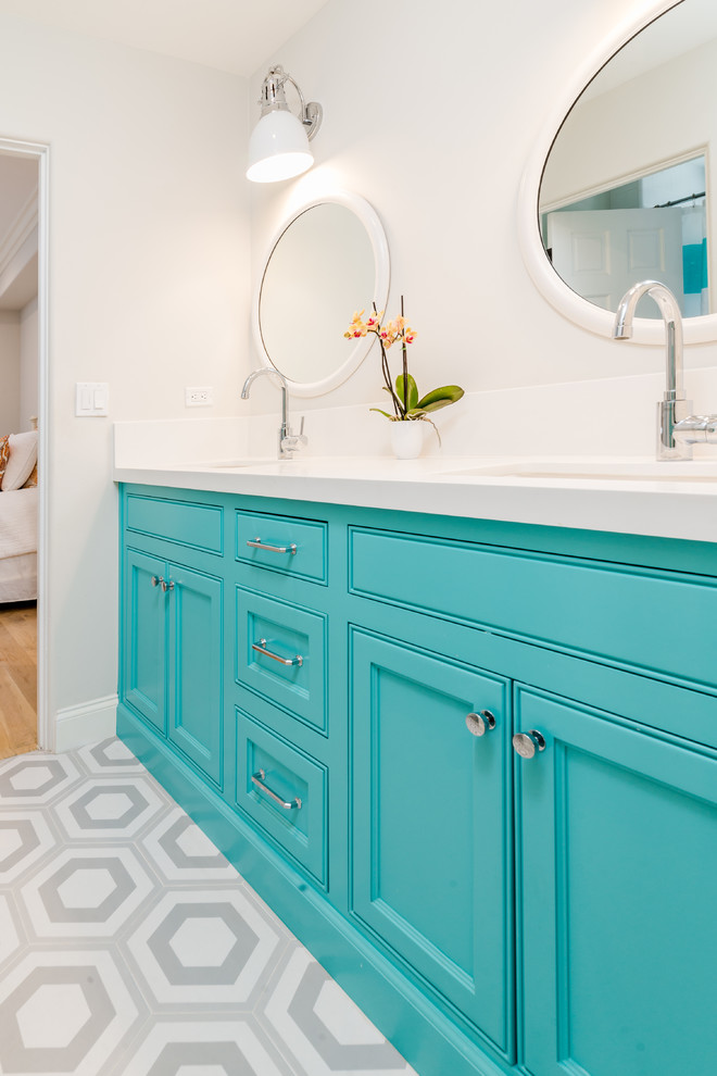 Inspiration for a mid-sized transitional kids bathroom in Los Angeles with beaded inset cabinets, turquoise cabinets, multi-coloured tile, grey walls, porcelain floors, an undermount sink, engineered quartz benchtops and multi-coloured floor.
