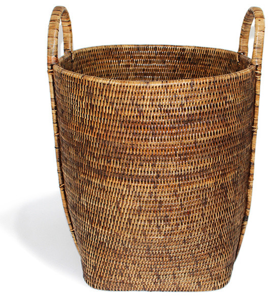 Rattan Round Laundry Basket With Loop Beach Style Hampers by