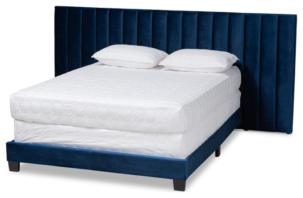 Navy Blue Velvet Upholstered King Size Panel Bed , Channel Tufted