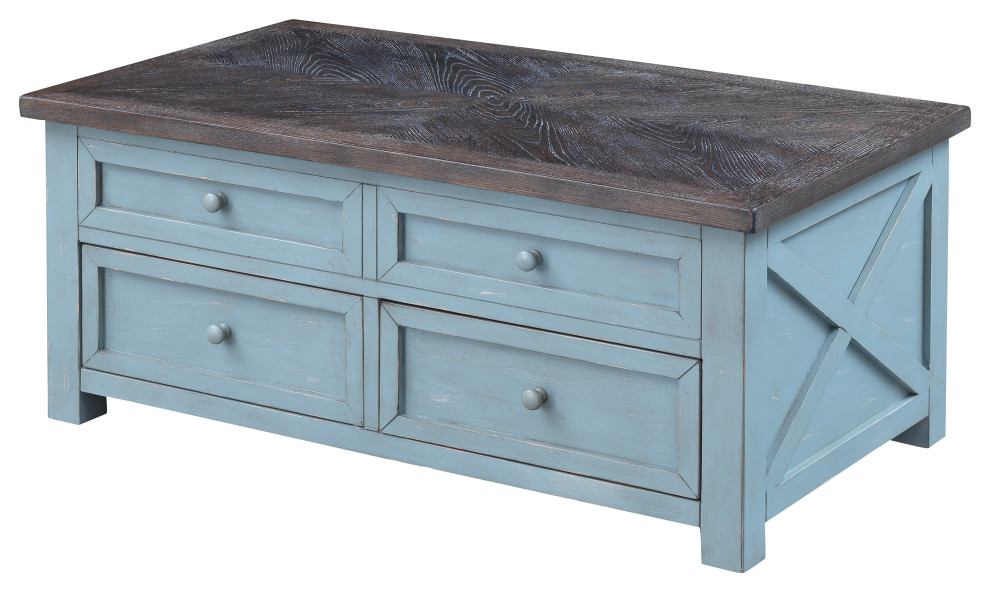Bar Harbor Blue 2 Drawer Lift Top Cocktail Table Farmhouse Coffee