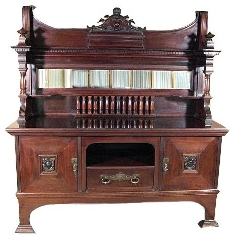Consigned Antique Cherry Mahogany Art Noveau Buffet Sideboard Server Consigned Antique Cherry Mahogany Art Noveau Buffet Sideboard Server With Mirror