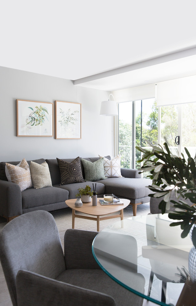 This is an example of a small contemporary open concept living room in Sunshine Coast with grey walls, porcelain floors, a freestanding tv and grey floor.